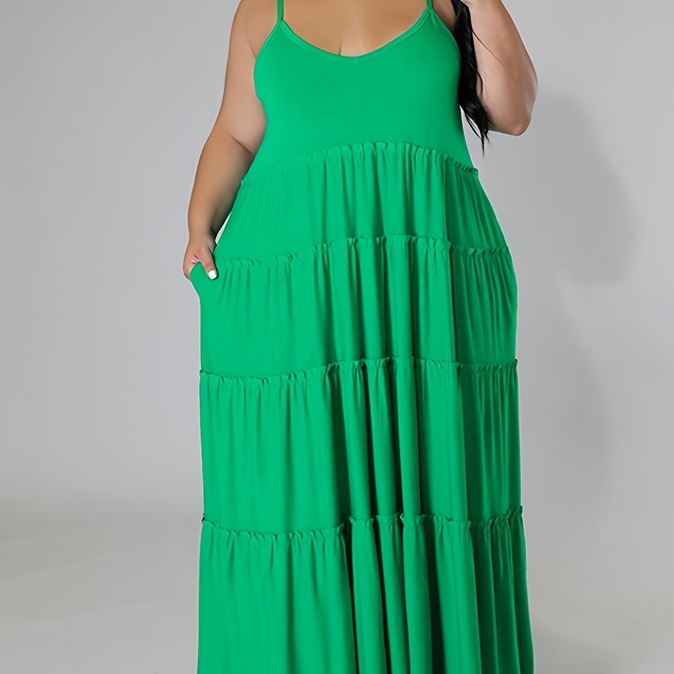 Plus Size Solid Layered Loose Fit Cami Maxi Dress; Women's Plus Sexy High Stretch Long Cami Dress