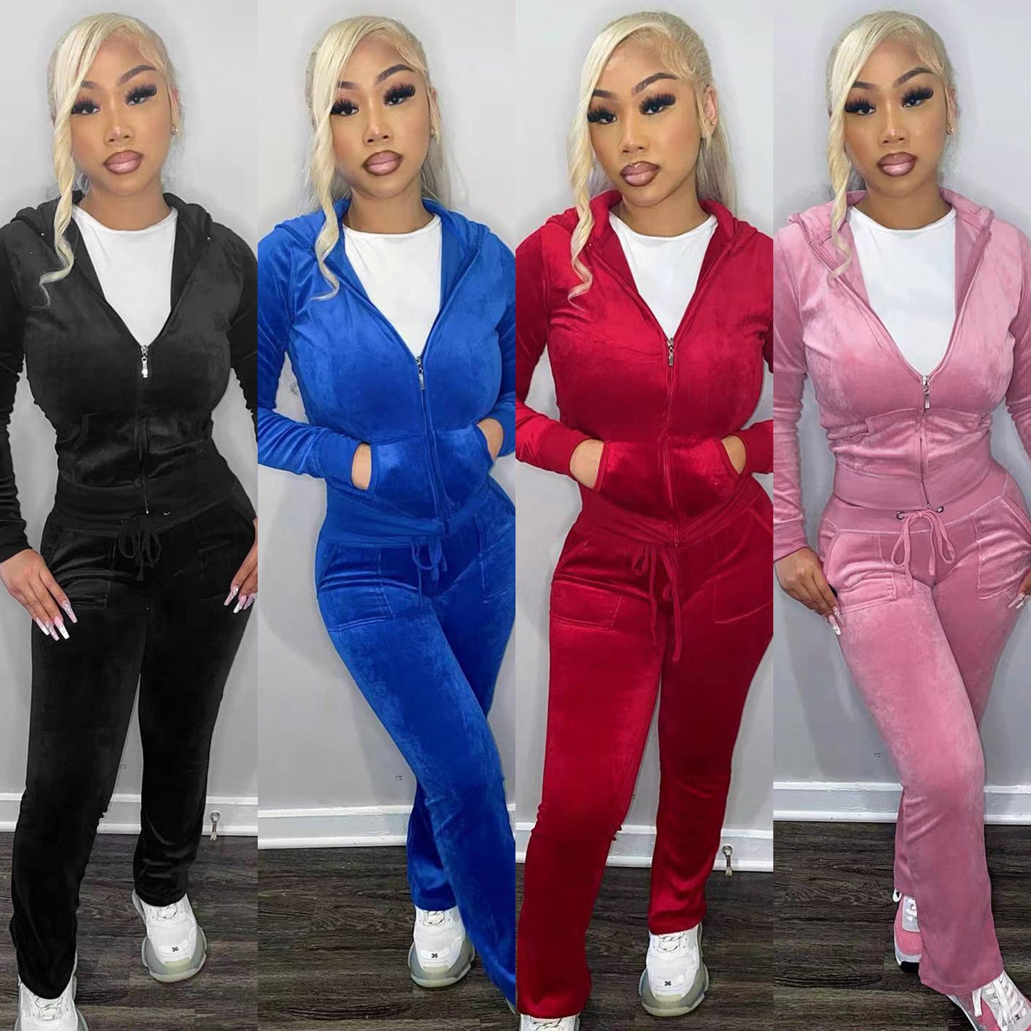 Women Solid Color Sets Velvet Thread Zipper Hood Wear Lounge Wear Suit Sport Set Tops and Pants