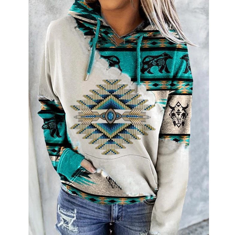 autumn and winter new women's sweater national wind printing casual hooded hoodie