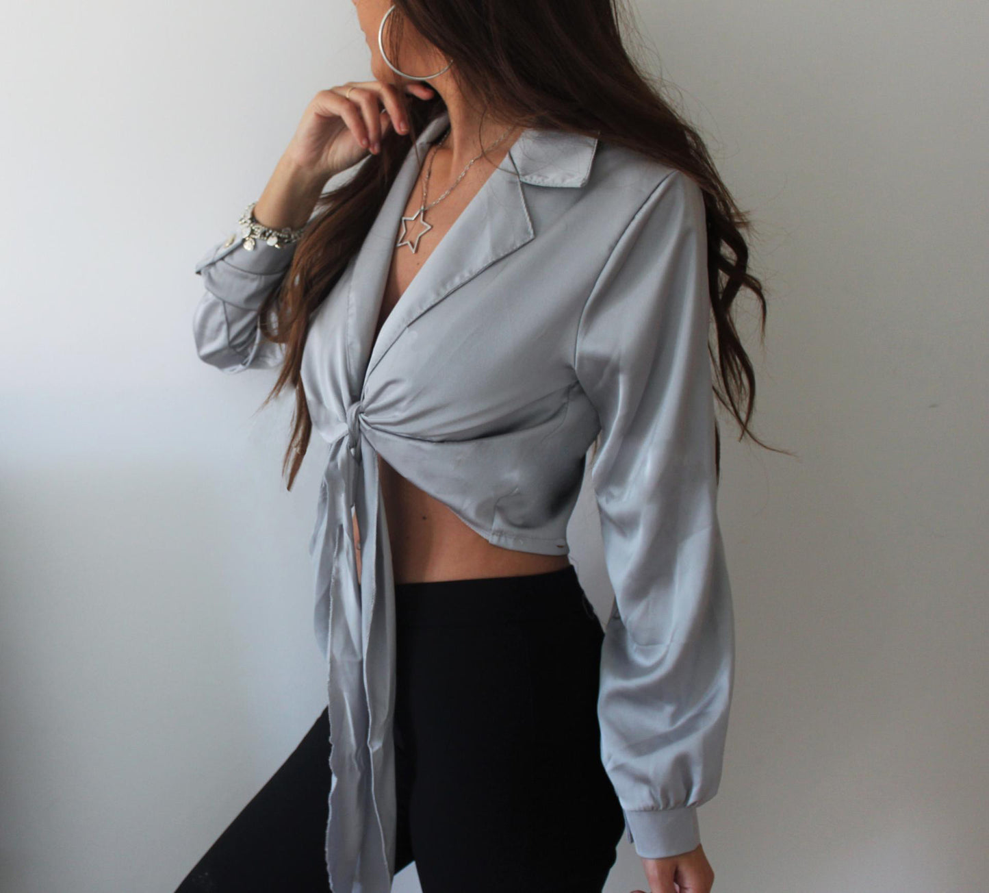 spring and summer new women's sexy umbilical lapel long-sleeved cardigan hem with a short top