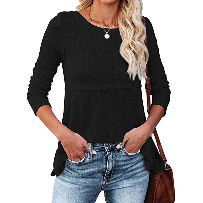 Autumn and Winter New Women's Waffle Fashion Back Hollow Round Neck Long Sleeve Loose Top