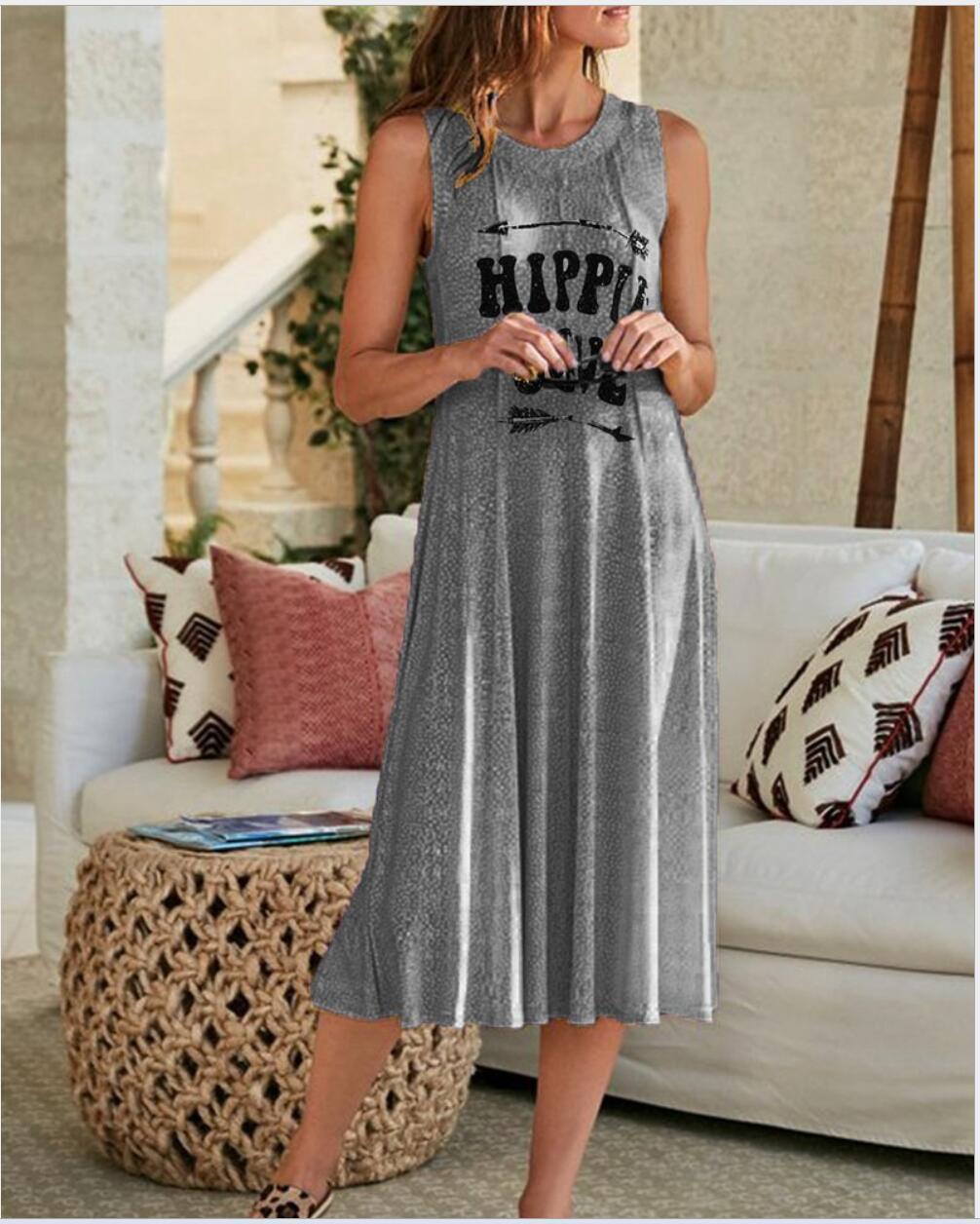 Summer new women's simple letter printing casual long round neck sleeveless vest dress