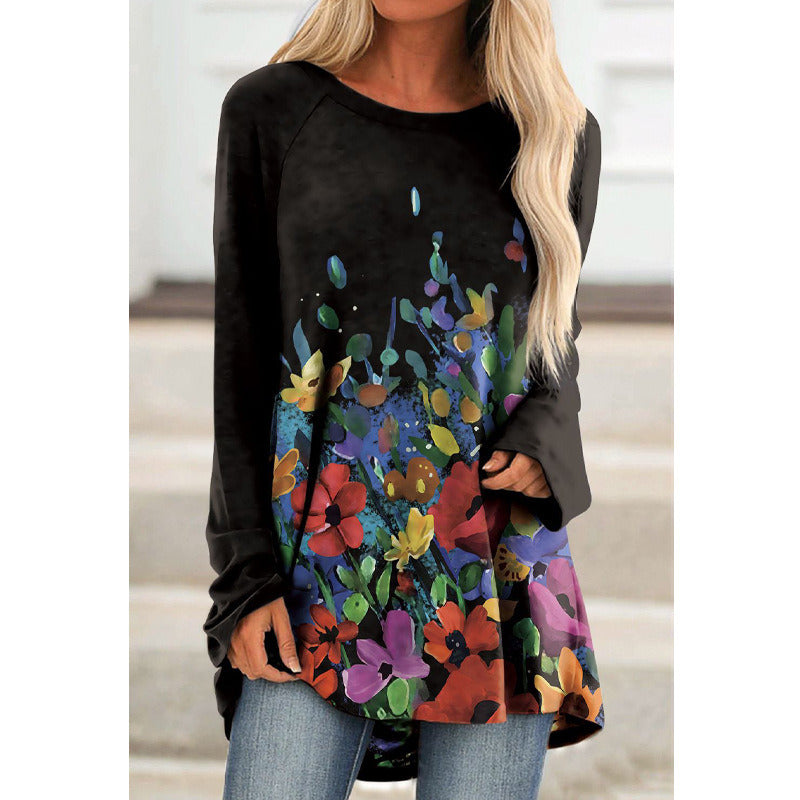 Women's Printed Round Neck Long Sleeve Loose T-Shirt Women's Top