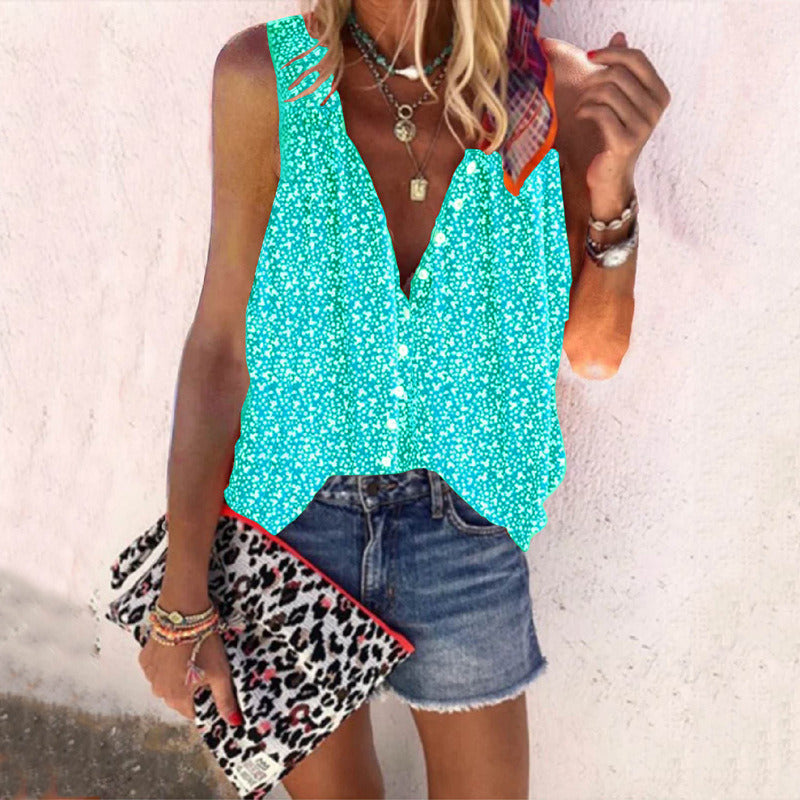 Summer Women's One-breasted Casual Loose Printed Sleeveless Shirt