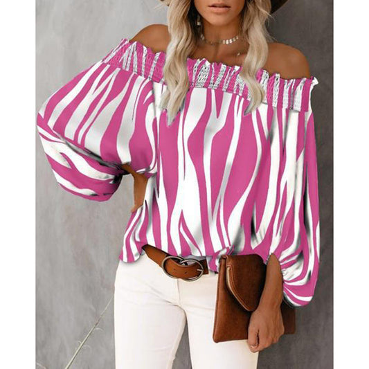 Sexy Off Shoulder Stripe Print Chiffon Shirt Women Fashion One Neck Lantern Long Sleeve Pullover Tops Street Vintage Lady Blouse