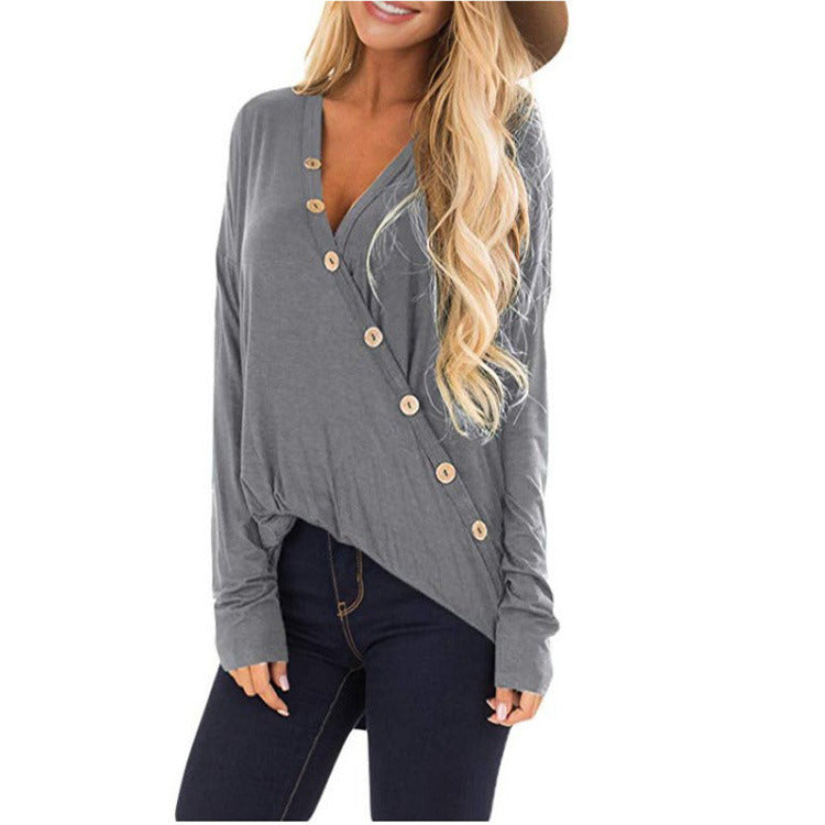 spring and autumn new women's V-neck stitching button long-sleeved T-shirt