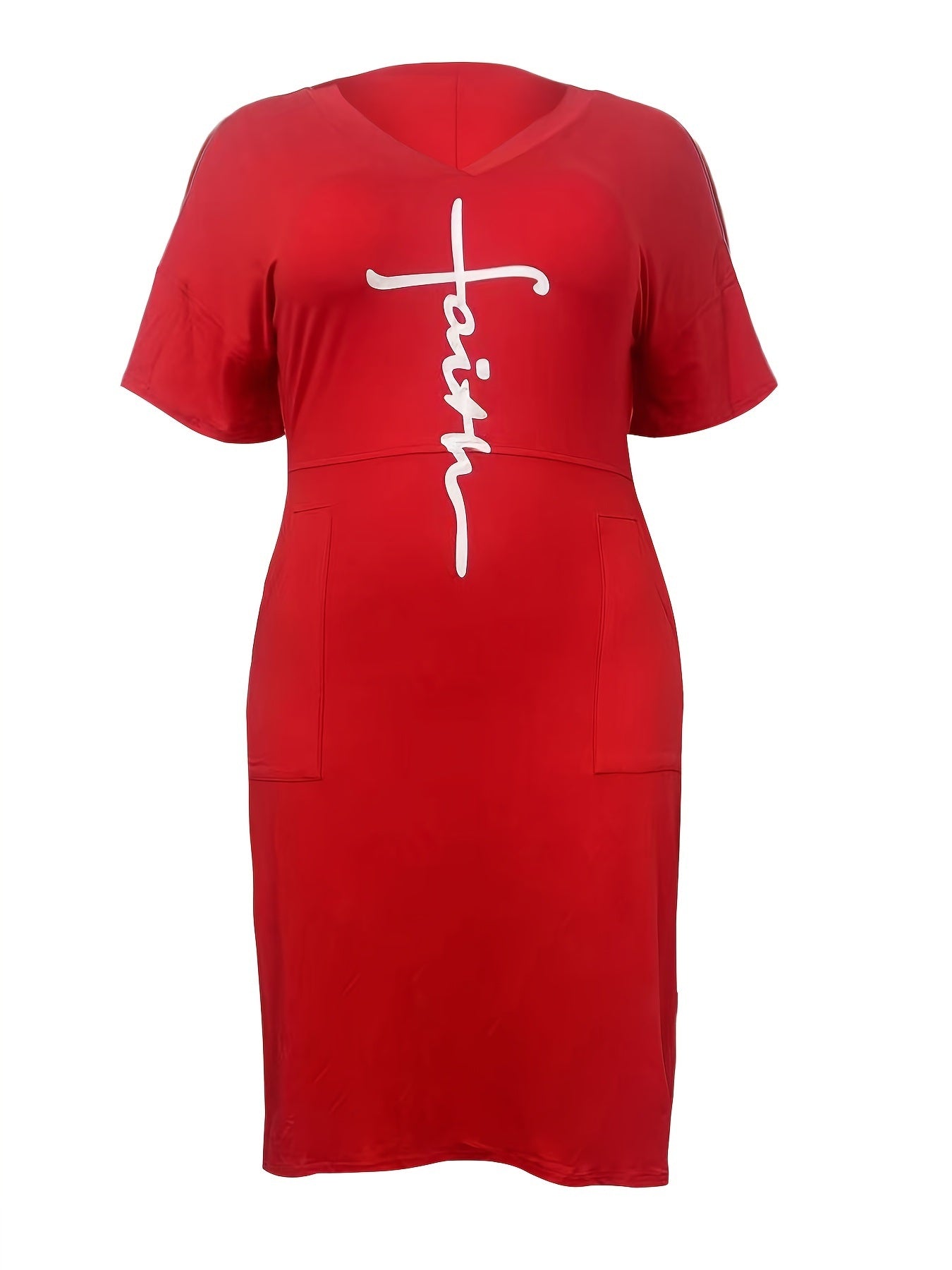 Plus Size 'Faith' Letter Print Short Sleeve Midi Dress With Pockets; Women's Plus Slight Stretch Casual Dress