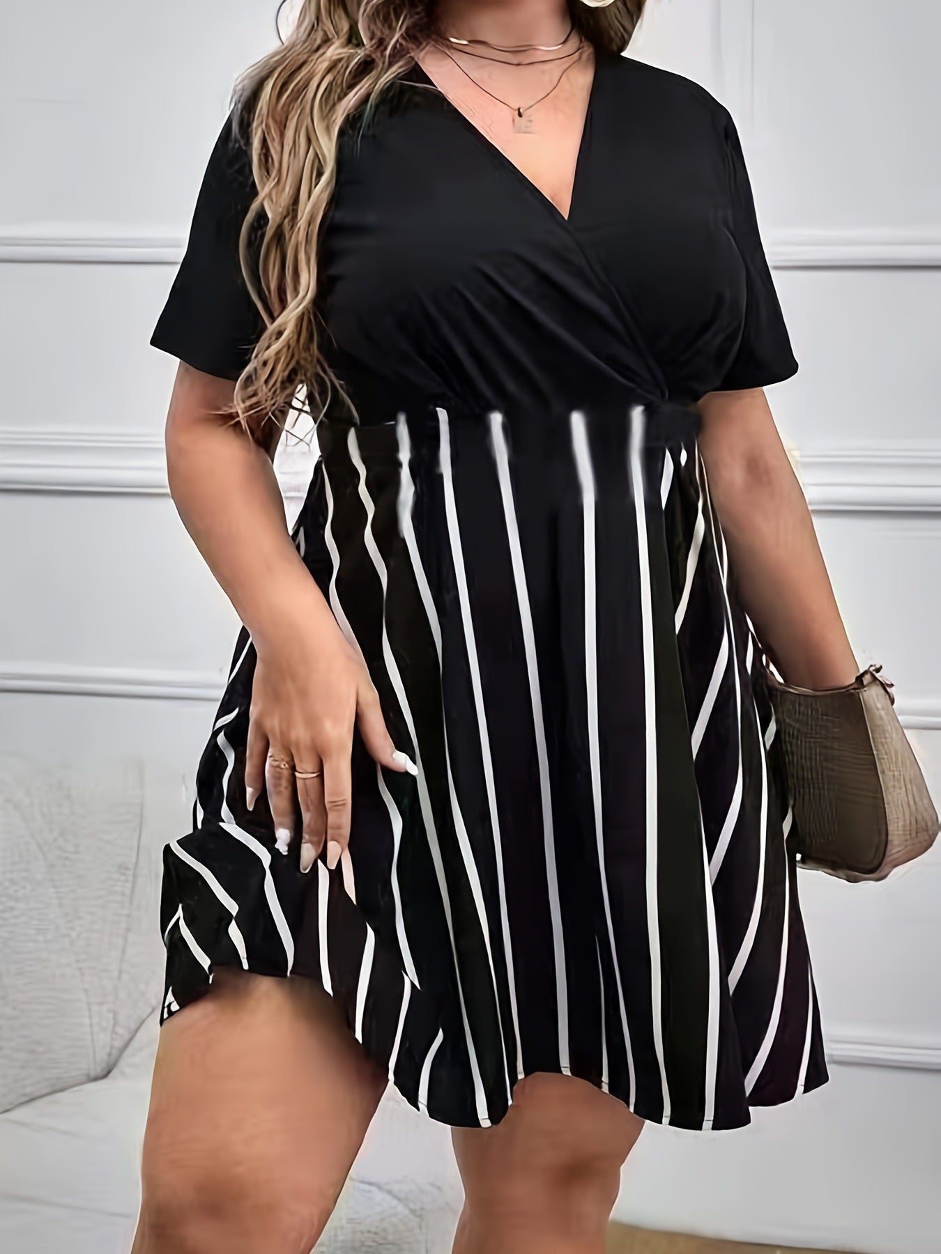 Plus Size Strip Print V Neck Tee Dress; Women's Plus Casual Slight Stretch Short Dress