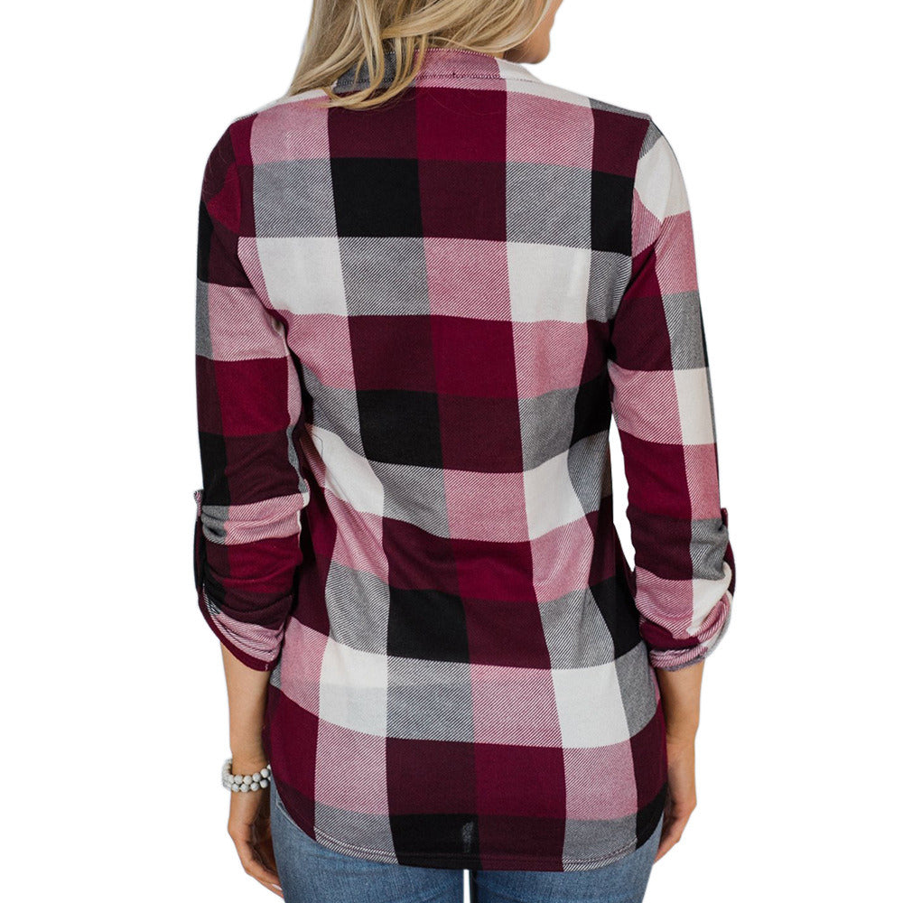 Womens Fashion V-Neck Blouses Long Sleeve Striped Plaid Print Casual Loose T-shirt Tops