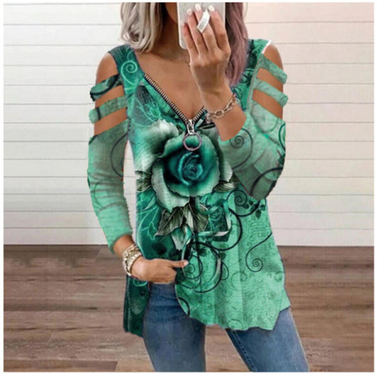 Women's New Style V-neck Zipper Rose Flower Print Casual T-shirt Top