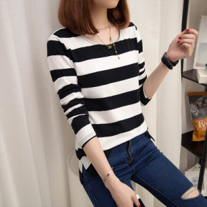 Spring and Autumn Wear Loose Korean Version of The Thick Stripe Super Thin Hooded Base T-shirt Female Large Size Long-sleeved Shirt