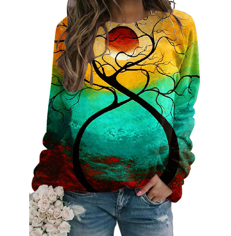 Women's Fall Winter New Hoodie Printed Round Neck Long Sleeve Loose Sweater