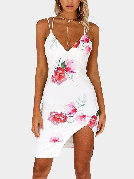 summer new women's digital print hem split cross sling irregular dress