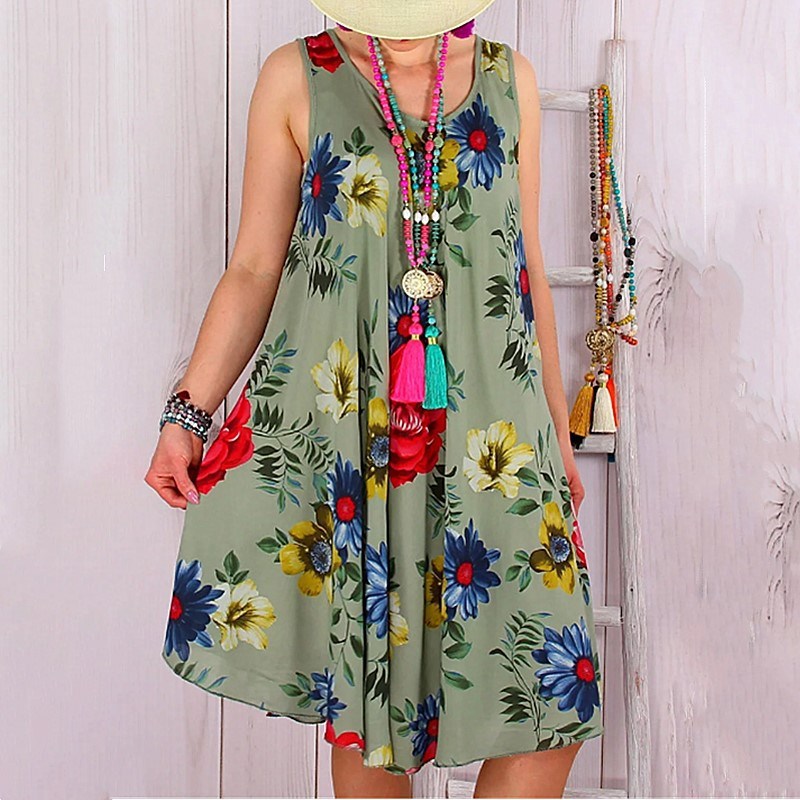 summer women's fashion new loose print sleeveless dress