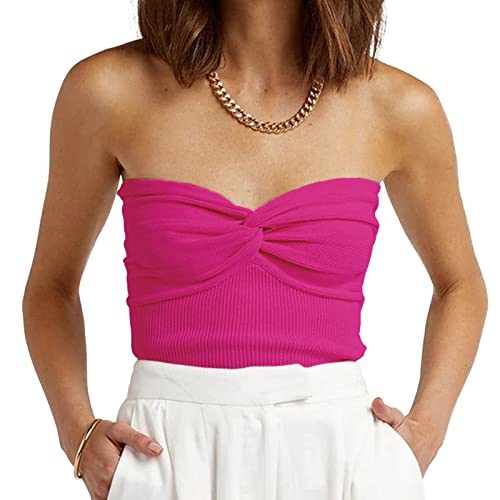 Womens Strapless Crop Top Sexy Sweetheart Neck Ribbed Knit Twisted Knot Front Sleeveless CamisoleTanks Top