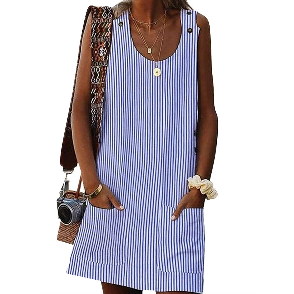 Women's New Summer Sleeveless Striped Button Pocket Dress