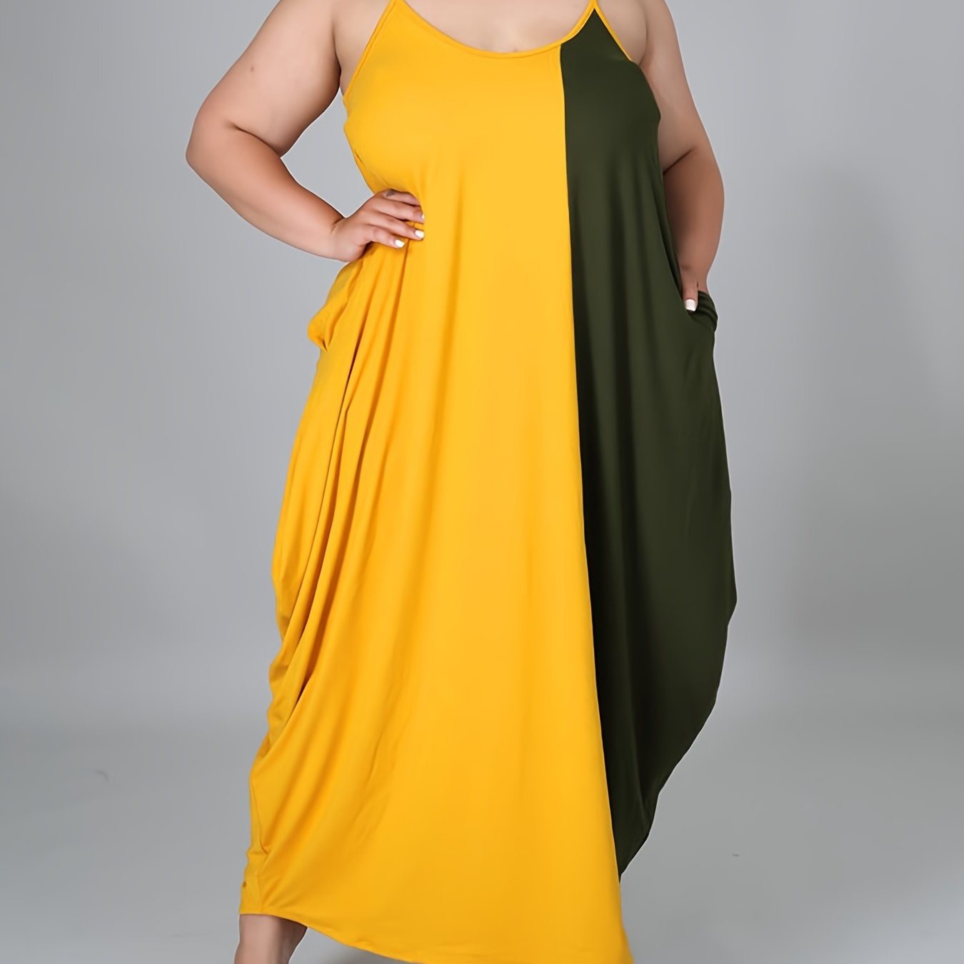 Size Colorblock Cami Maxi Dress With Pockets; Women's High Stretch Casual Long Dress