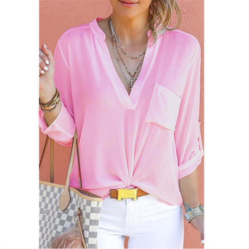 autumn women's new V-neck solid color chiffon pocket shirt