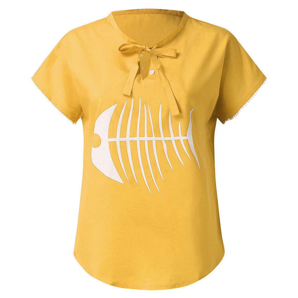 Summer women's new fashion fish bone print V-neck short-sleeved T-shirt