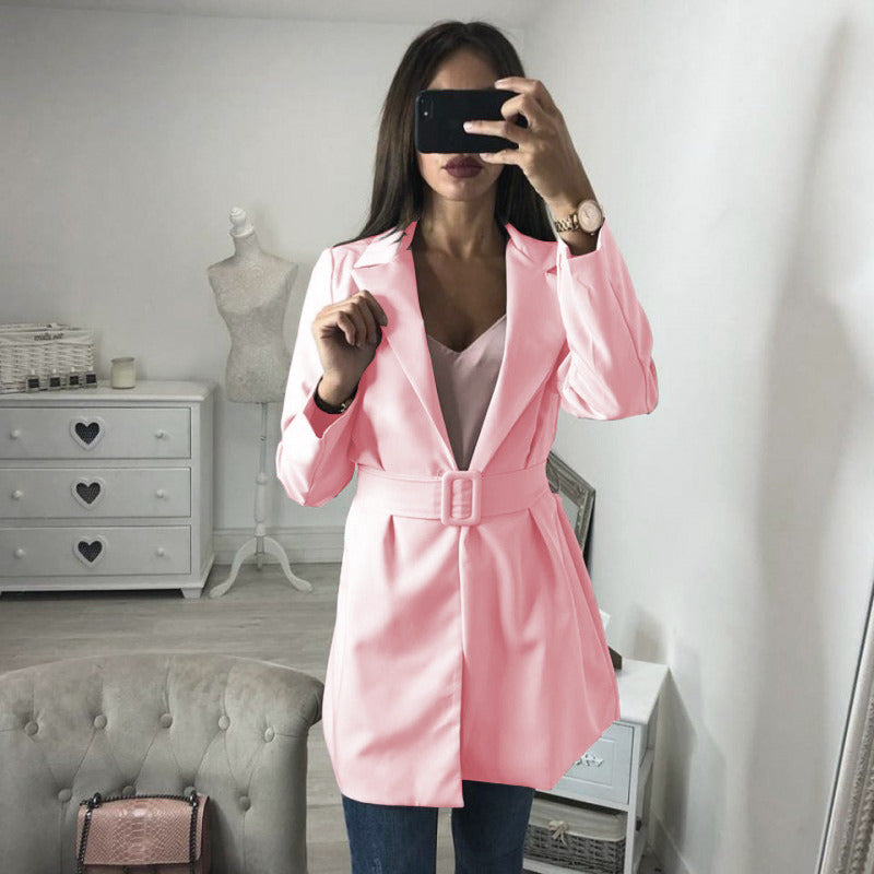 Women Fashion Simple OL Lapel Small Suit Long Sleeved Jacket with Belt