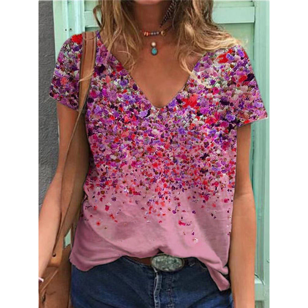 Summer new women's V-neck floral print short sleeve top T-shirt