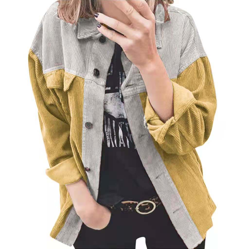 Women's Fall/Winter Corduroy Cardigan Jacket Long Sleeve Lapel Loose Splicing Shirt