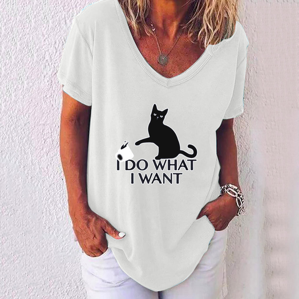 Summer new cat print V-neck short-sleeved women's T-shirt