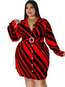 Plus Size Strip Print Lapel Collar Belted Mini Dress; Women's Plus Elegant Shirt Dress