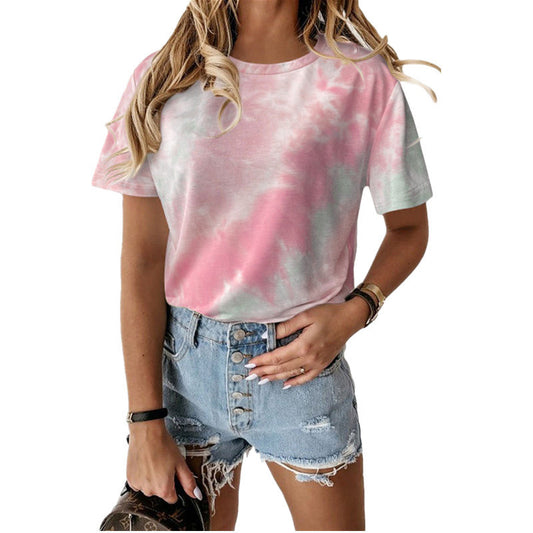 Summer Women's Fashion New T-shirt Loose Round Neck Short Sleeve Printed Tie-Dye T-Shirt Top