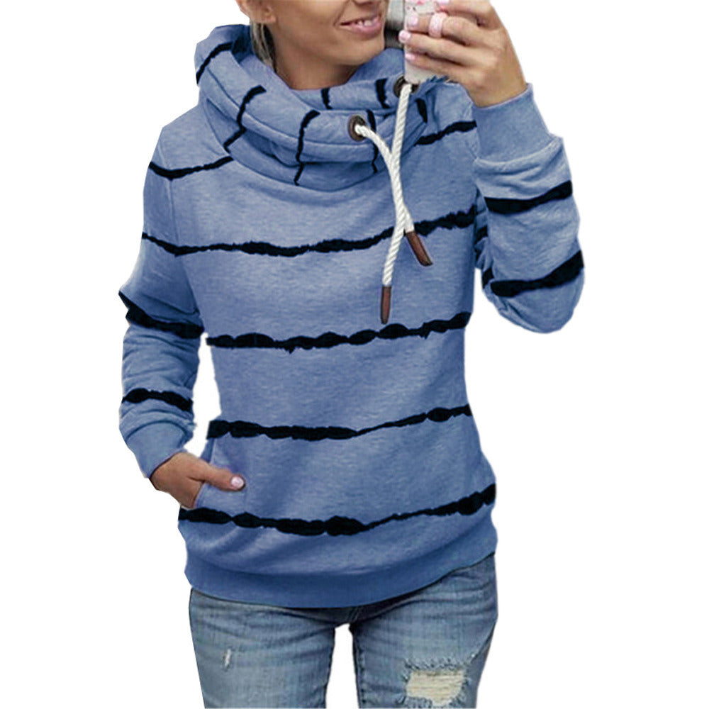 autumn and winter new women's striped printed high-neck hooded fleece striped sweater