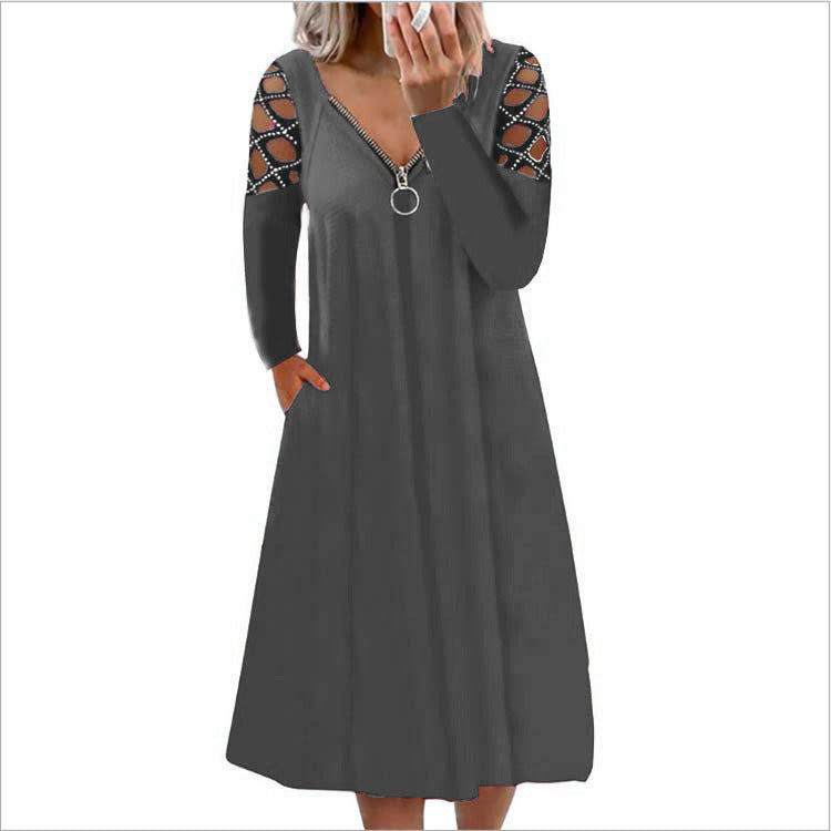 2021 Autumn and Winter New Women's V-neck Solid Color Hollow Long-sleeved Hot Diamond Casual Dress