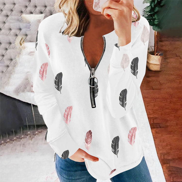 New Women's Long Sleeve Printed Zipper Casual Loose Feather Top