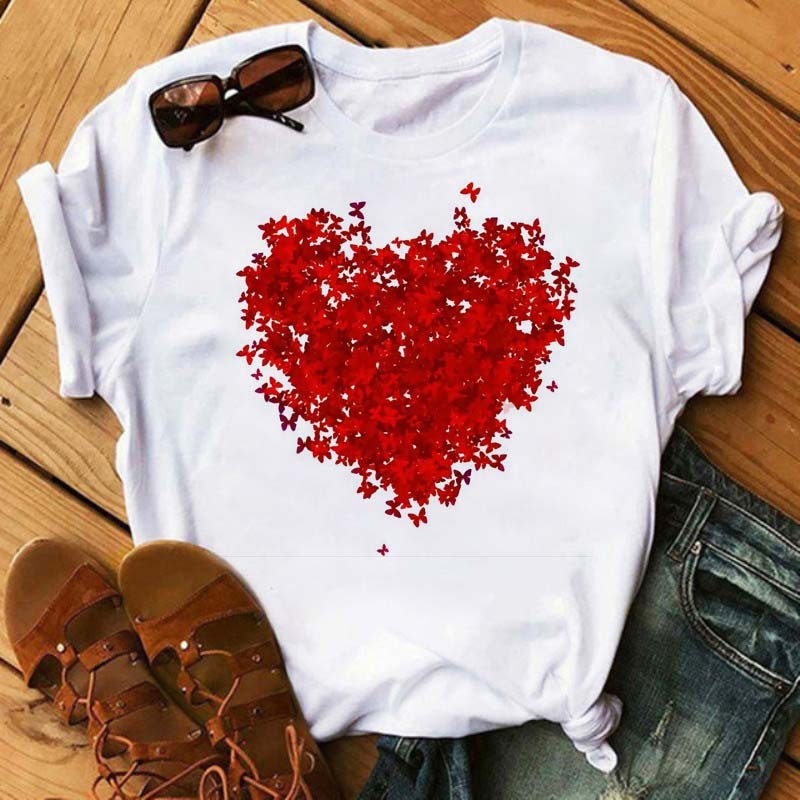 Watercolor Butterfly Heart Printed T Shirt New Women Black T Shirt Harajuku Cute Graphic Tee Shirt Ladies Casual Female Tops Tee