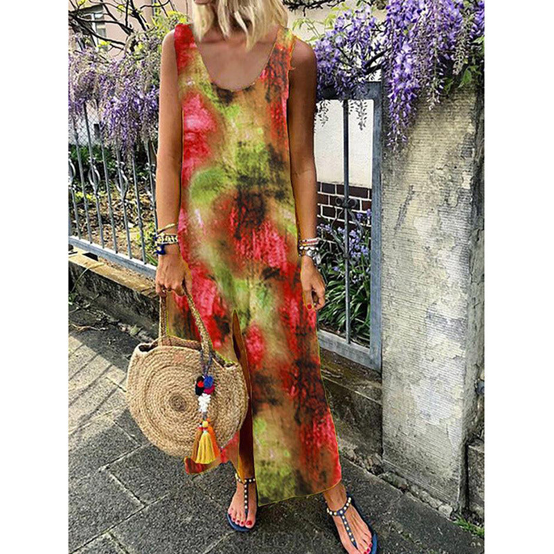 Summer New Women's Sleeveless Printed Bohemian Long Split Dress