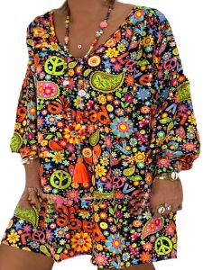 Plus Size Floral Print Long Sleeve V Neck Dress; Plus Size Slight Stretch Dress; Dress Women