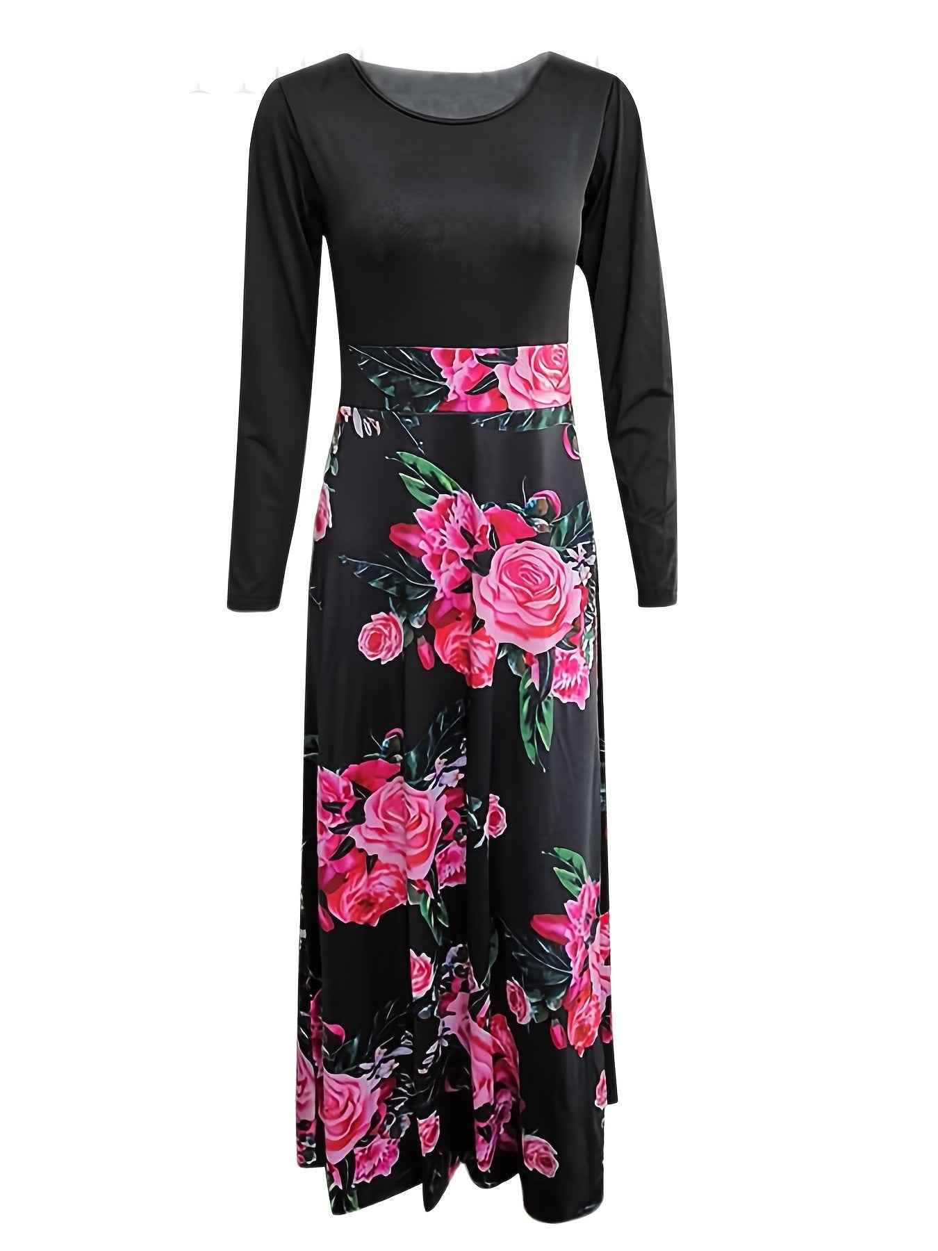 Plus Size Floral Print Round Neck Long Sleeve Maxi Dress; Women's Plus Colorblock Elegant Long Dress