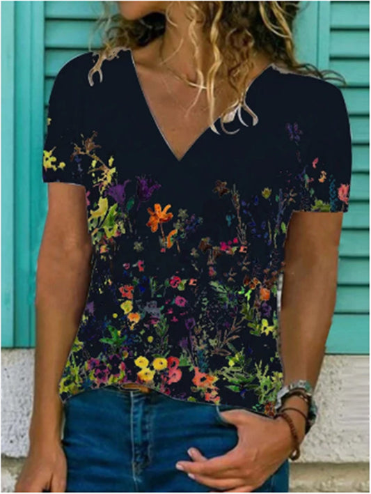 summer new women's T-shirt flower printing casual V-neck women's short-sleeved T-shirt top