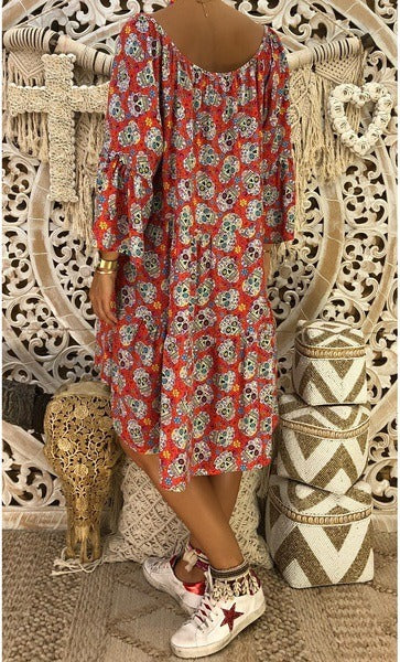 Autumn Summer Print Loose Dress Nine Sleeve Long Sleeve Dress