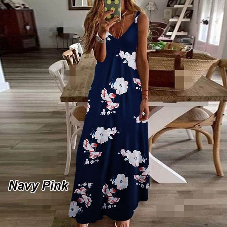 New summer women's dress print holiday dress suspenders long skirt Indian style swing skirt