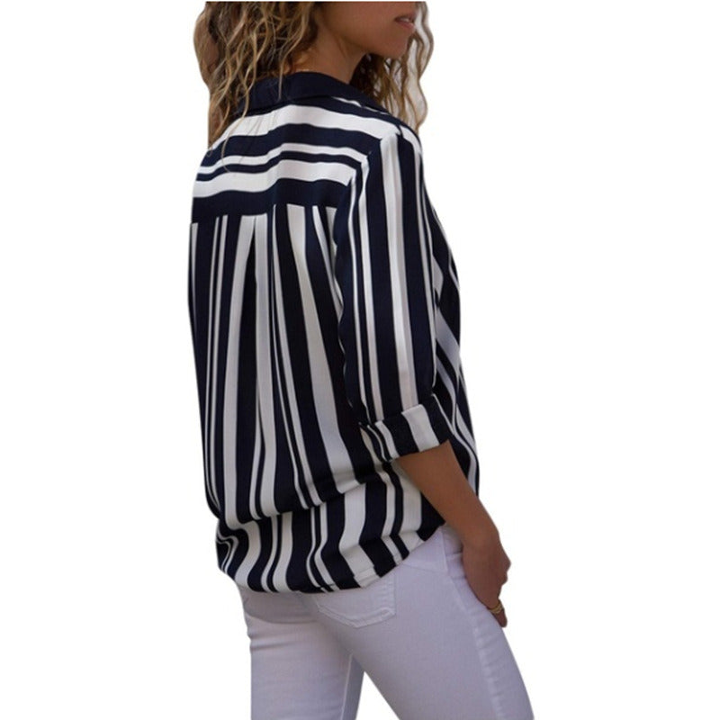 Europe and the United States new women's shirt long-sleeved single-breasted striped shirt