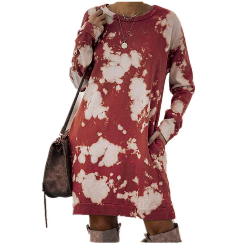 Summer New Style Women's Tie-dye Printing Gradient Long-sleeved Round Neck Dress