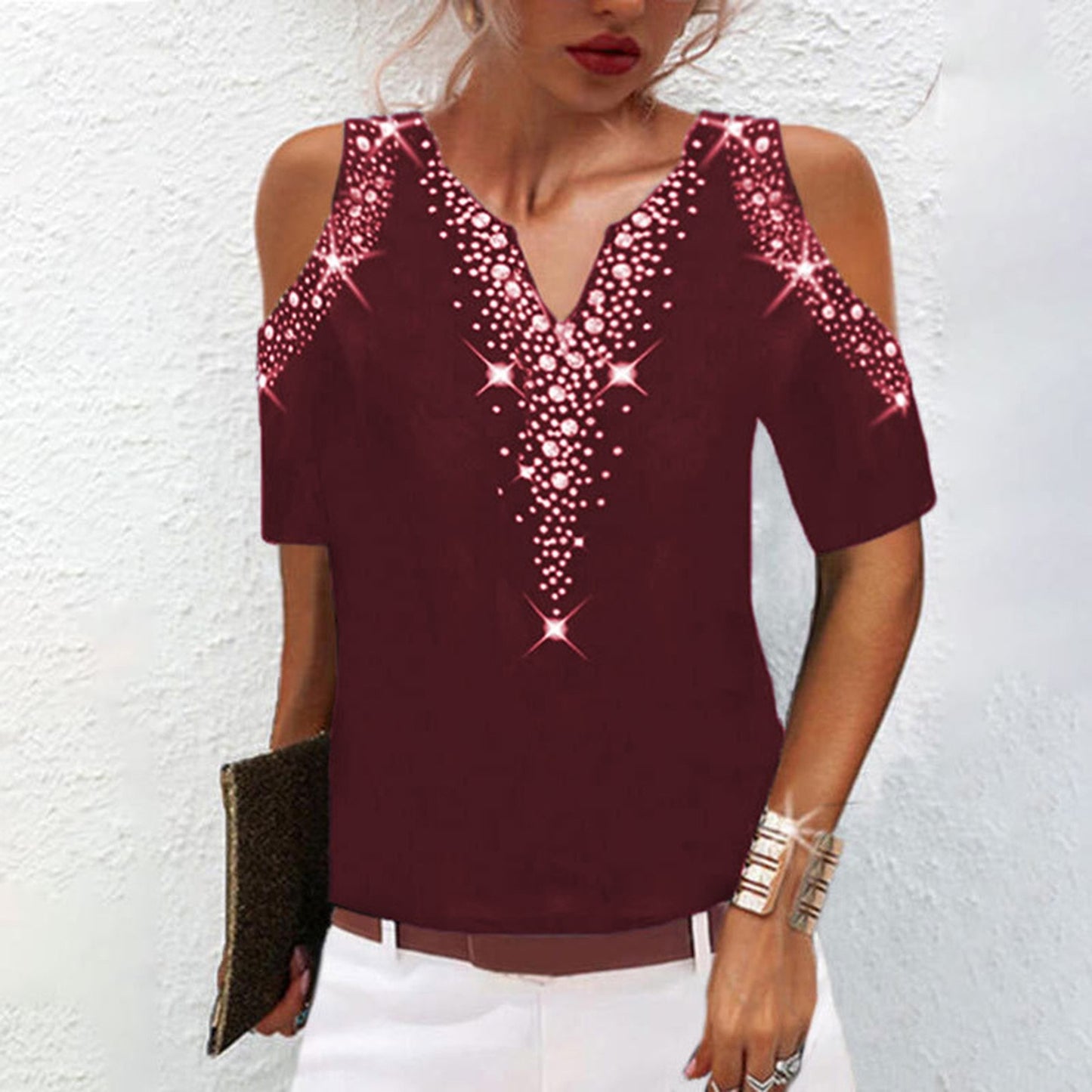 Women Fashion Sequined Tops Summer Short Sleeve Cold Shoulder V Neck Printed Club Party Shirts Elegant Casual Loose Tee Tops New