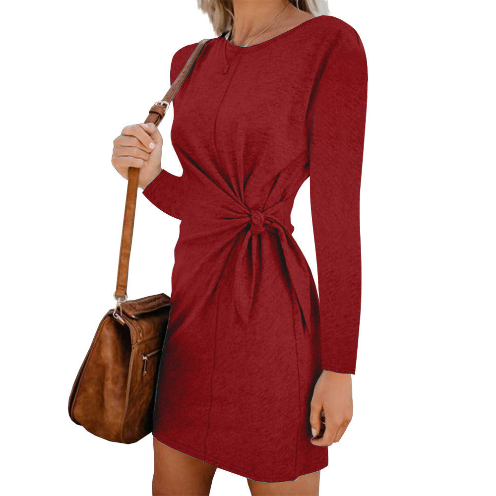 Women's Round Neck Band Width Loose Long Sleeve Autumn and Winter Dress