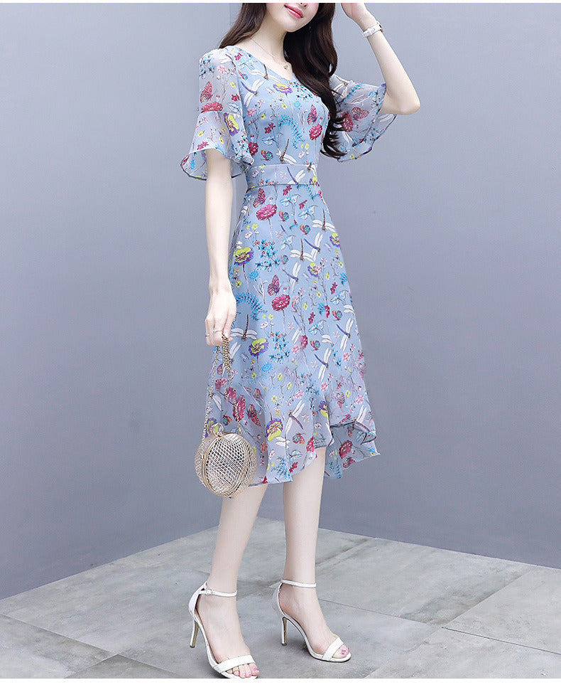 summer new women's floral dress waist slimming V-neck ruffled mid-length dress