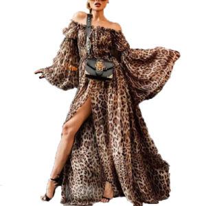 Summer Women One word collar Leopard Print Dress Elegant Long Sleeve Sexy Long Dress Beach Party Dress