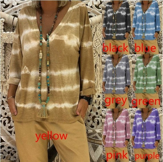 autumn European and American style loose tie dye effect V-neck long-sleeved casual T-shirt