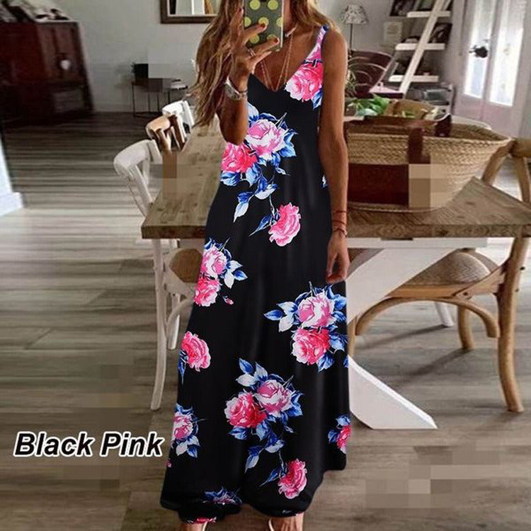 New summer women's dress print holiday dress suspenders long skirt Indian style swing skirt