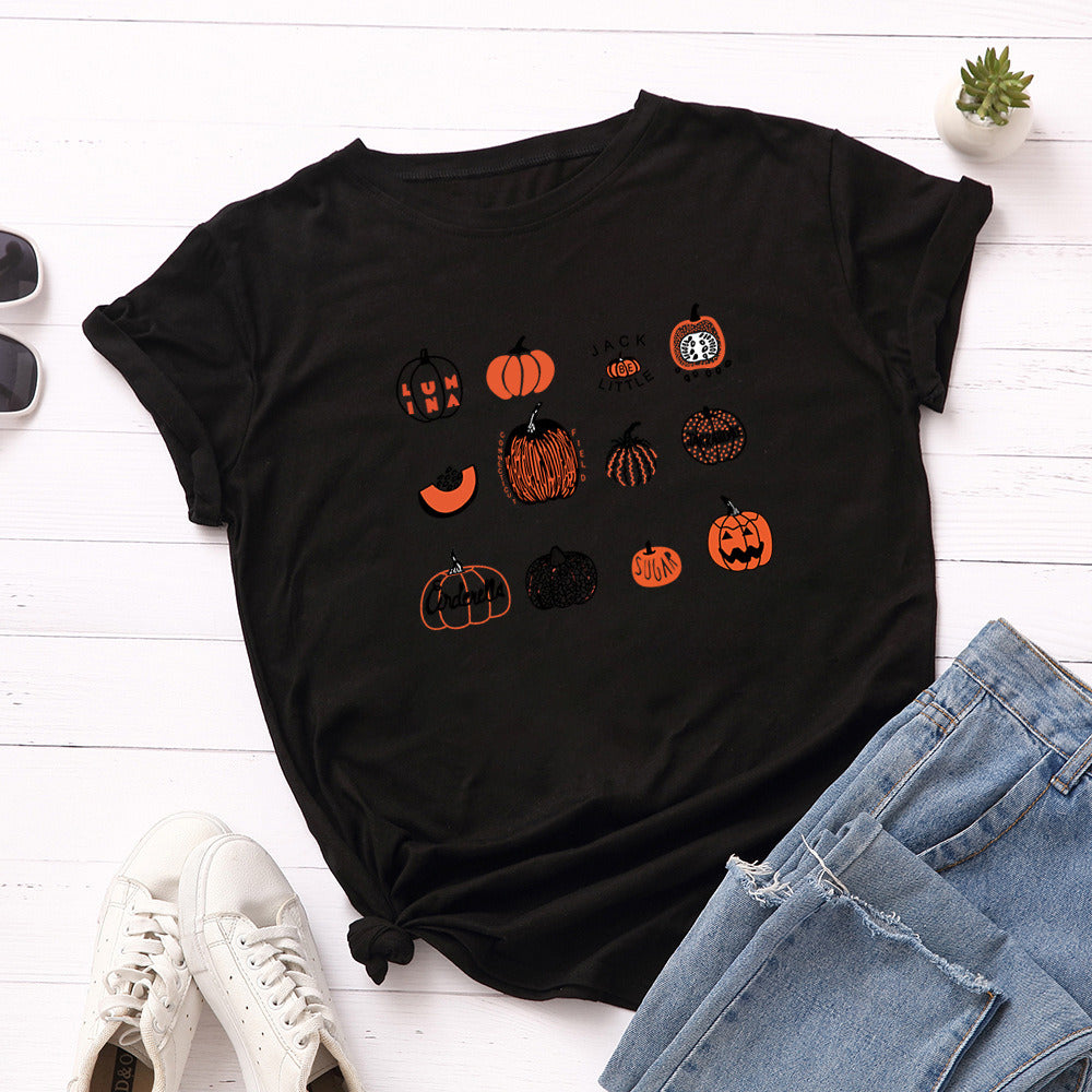 European and American Halloween Women's Creative Pumpkin Loose Round Neck Short Sleeve T-shirt