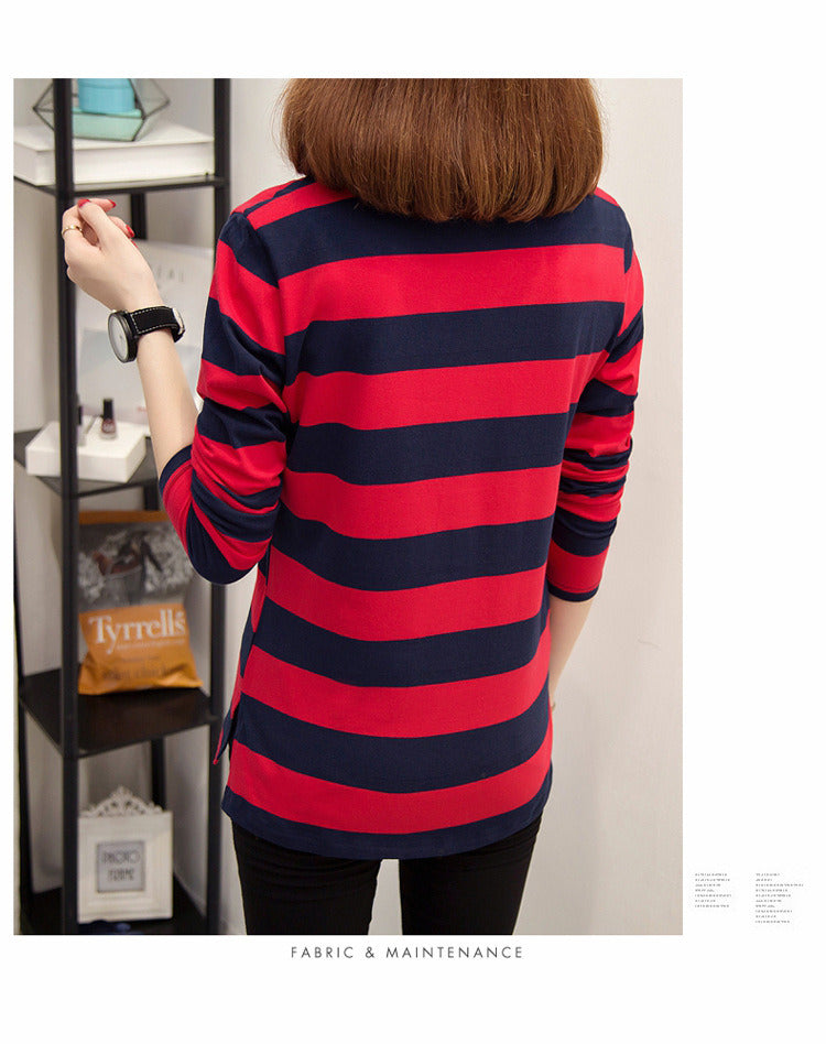 Spring and Autumn Wear Loose Korean Version of The Thick Stripe Super Thin Hooded Base T-shirt Female Large Size Long-sleeved Shirt