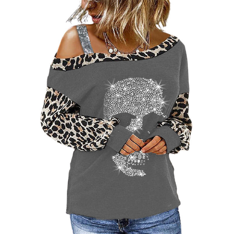 autumn and winter Halloween new women's top leopard print stitching strapless diamond long sleeved t-shirt top